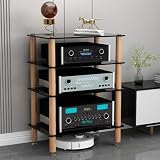 ZJFJMBD 3/4 Stöckiger HiFi Medienschrank, Stoßdämpfendes Audio Rack Mit Einlegeböden Aus Gehärtetem Glas Und Beinen Aus Massivholz(Size:4 Tier,Color:Schwarz)