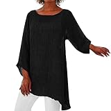 Leinenhemd Damen Lang Oberteile 3/4 Arm Shirt Große Größen Lockere Asymmetrisch Hem Langarmshirt Bluse Baumwolle Leinen Longshirt Vintage Lässiges Summer Blusenshirt Baggy Tunika Top H