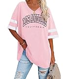 Tomwell Damen Los Angeles Tshirt mit V-Ausschnitt Kurzarm Sport T-Shirt Sommer Rundhals Oversized Oberteile Lose Tunika Lang für Teen Girls B Rosa L