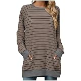 Sweatshirts Damen Langarm Farbblock Gestreift Lässiges Pullover Leicht Longshirt mit Tasche Locker Blusenkleid Langarmshirt T-Shirt Pulli Teenager MäDchen Tuniken Blusen Outwear Tunika Herbst W