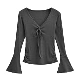 Oberteil mit V-Ausschnitt und Trompetenärmeln für Damen, Frühling und Sommer, Brustbindung, kurzes Hemd, T-Shirt, dunkelgrau, S