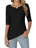 Famrrifuu Damen T-Shirt Halbarm Figurbetontes Oberteile mit U-Boot Ausschnitt Sommer Basic Stretch Einfarbige Shirts für Sommer Frühling, Schwarz, XXL
