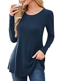 Florboom Longshirt Damen Lässige Langarm Tshirt Rundhals Tunika Oberteile, Marineblau M