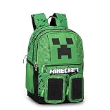 Minecraft – Offizieller Schulrucksack Minecraft, mit 2 großen zentralen Räumen, geräumigen Fronttaschen, verstellbaren und gepolsterten Schultergurten, Rückseite und Boden, 32 x 43 x 23 cm, Grün,