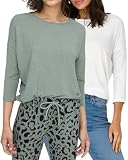 ONLY Damen Langarmshirt Basic, 3/4-Arm-Shirt, Langarm-T-Shirt mit Rundhalsausschnitt, locker und leger anliegend, meliert, Stretch (S, Doppelpack ChinoisGreen+CloudD.)