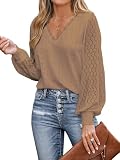 CUPSHE Damen Blusen V Ausschnitt Wellenkante Puffärmel Langarmshirt Lässige Spitzen Oberteile Tunika Bluse Tops Braun S