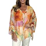 Hemdkragen Einsatz Damen-Bluse, elegant, lässig, langärmelig, Blumendruck, Button-Down-Hemden, 2024, Chiffon-Shirt mit V-Ausschnitt Damen Elegante Bluse (Orange, L)