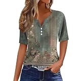 Sommer-Tops für Damen, elegante Blusen-Shirts, Übergröße, Urlaub, trendig, elegante Blusen, V-Ausschnitt, Knopf, Blumenmuster, kurzärmelig, lässig, locker, bequem, Stretch-Tunika-Oberteil (#026