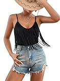 Damen Bodysuit Mit Fransen - Sexy Ärmellose Spaghetti Bauchweg Bluse Tops Elegant Body Shaper Sculpting Tanga Kleidung V Ausschnitt Rave Festival Outfit Shirt Sommer Shapewear Clothe(Black,L,107421r)