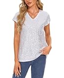 MINTLIMIT Damen Pailletten V-Ausschnitt Bluse T-Shirt Kurzarm Tops Casual Glitzer Oberteile (silbrig S)
