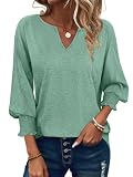 PGANDS Damen-T-Shirt, 3/4-Ärmel, V-Ausschnitt, Rüschenärmel, Sommer, einfarbig, lässiges Oberteil, Mintgrün, XX-Larg