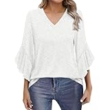 LOPILY 2025 Farbe Freizeit Locker 3/4 ärmel Top V-Hals T-Shirt Horn ärmel Vintage Musselin Bluse Damen Höhe Taille Dünn Gefühl Fließen Camping Schnell Trocknen Trachtenbluse Damen (E-White, S)