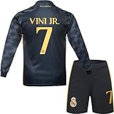 metekoc R. Madrid Vini Jr. #7 Vinicius Auswärts Fußball Langarm Trikot und Shorts Kinder Jungengrößen (Auswärts, 24 (6-7 Jahre))