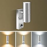 Bewegungssensor Außenwandleuchten, Auf- und Abwärtsleuchte mit PIR-Sensor, Edelstahl IP65 Wasserdicht Silber Außensicherheitsleuchte, 2 x 8W GU10 LED Leuchtmittel enthalten, 3 Farbtemperatur schaltb