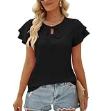 Damen Sommer T-Shirt mit Lochmuster, Schnürung, Doppelärmel, Oberteil - Schwarz - M