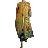 Generisch Sommerkleider Damen Vintage Blumen Druck Strandkleider Maxikleid Summer 3/64 Ärmel Lange Blusenkleid Casual Rundhals Tunika Kleid Leicht Große Größen Freizeitkleider(A02-Gelb,L)