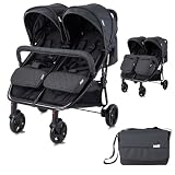 Lorelli Zwillingskinderwagen Duo, Zwillingsbuggy klein faltbar für 2 Kinder, sehr leicht, Zwillingswagen nebeneinander, Geschwister Kinderwagen kompakt zusammenklappbar, schw