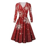 Weihnachtskleid Damen Lustig, A Linie, V Ausschnitt, Knielang, Langarm, Festliche Weihnachts Kleider für Weihnachtsfeier Lustige Weihnachtskleider mit M