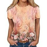 Halbarm Shirt Damen,Damen T-Shirt Mit Blumenmuster Kurzarm Rundhals Und Stilvoll Perfekt Für Freizeit Und Alltag（Orange,XXL）