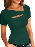 TrendiMax Damen T-Shirt Gerippt Slim Fit Basic Tee Shirts Asymmetrischer Ausschnitt Kurzarm Sommer Tshirt Stretch Oberteile Casual Bluse Tops, Dunkelgrün, XL