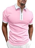Elegancity T Shirt Herren Poloshirt Zipper Kurzarm für Männer Sommer Sport Shirts Atmungsaktives Polohemd Kontrastfarbe Regular Fit Rosa XXL