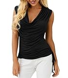 Imily Bela Damen Tank Top Tiefer V-Ausschnitt Tops Wasserfall Ärmellos T-Shirts Sommer Falten Oberteil mit Kordelzug(Schwarz, L)