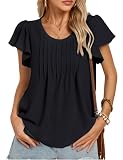 Kate Kasin Damen Hemd Plissierung vorne eleganten kurzen Volant Ärmeln Sommer Schwarz XL