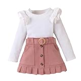 Verve Jelly Kleines Kleinkind Baby Mädchen Einfarbig Langarm T-Shirt Tops A-Linie Faltenrock mit Gürtel 2-tlg Herbst Winter Kleidung Set Rosa 110 3-4 J