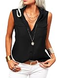 GeGekoko Damen Bluse V-Ausschnitt Tank Top Causal Arbeit Oberteile Lässige Elegant Ärmellose Bluse mit Knöpfen Tops Basic Tunika Shirt,Schwarz,M