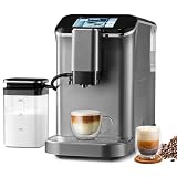 VEVOR Kaffeevollautomat Espressovollautomat – mit automatischem Milchaufschäumer, 20 Bar Super-Automatik Maschine mit Farbe-Touchscreen, Mahlwerk, 15 Mahlstufen und abnehmbarem Milchb