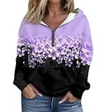 Sweatshirt Damen mit Halbem Reißverschluss Elegant Blumendruck Kapuzenpullover Langarm Crop Pullover Sweatshirts mit Taschen Freizeit Sport Fitness Outdoor Casual Style Pulli Langarmshirt Lila L