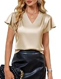 Damenbluse aus Satin, Rüschenärmel, elegant, elegant, lässig, kurzärmelig, V-Ausschnitt, gerüscht, plissiert, Oberkappe, Businessmode, aprikose, XL