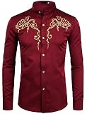 ZEROYAA Herren Hemden mit Blumenstickerei, schmale Passform, lange Ärmel, Kragen, Kleid - Rot - M