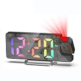 Nircho Wecker Mit Projektion, 7.4' RGB-Farben-Digitalanzeige LED-Spiegeluhr, Projektionswecker mit um 180° Drehbarem, Projektionsuhr mit Temperatur, Dimmer, Snooze, Nachtmodus, USB-Aufladung LED-U