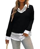 Oyamiki Schwarz Damen Pullover Longshirt Trachtenbluse Große Größen mit Weiß Hemdkragen Manschetten Hemdbluse Sweatshirt XXL