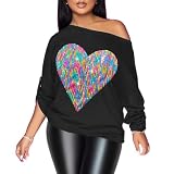 PESION Schulterfreies Damen-Top, sexy, glänzend, metallisch, lange Ärmel, modische Grafik-T-Shirts, Blusen, Schwarz + Regenbogenherz, S