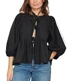 WangsCanis Damen Mode Oberteil mit Schößchen Vorne zum Binden Y2K Hemd Puffärmel Schnürung Schleife Rüschensaum Babydoll Krawatte Blusen (Schwarz, M)