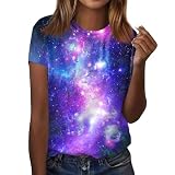 Shirt Metallic Damen,Galaxy Shirt Damen, Galaxie Drucken T-Shirt Bluse Modische, Sternenhimmel Sommer Kostüm, Rundhals Kurzarm Frauen Oberteile Tops, Karneval Costume S-3XL
