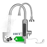 MAXXMEE Elektrische Edelstahl Armatur plus integrierter Durchlauferhitzer | Wasserhahn mit Heizspirale & LED Temperaturanzeige | 2 wechselbare Wasserhähne | über 60 °C warmes Wasser ohne V