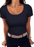 Aottori Damen T-Shirt Rundhals Stretch Tee Shirts Kurzarm Basic Oberteile Eng Rippshirt Sexy Casual Tops Einfarbig Dunkelblau M