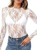 MIZSPISE Netzoberteil Damen Spitzen Top Sheer Mesh Langarm Oberteil Sexy Bluse Durchsichtige Mesh Sheer Basic T-Shirt für Club Party (DE/NL/SE/PL, Alphanumerisch, M, Regular, Regular, weiß)