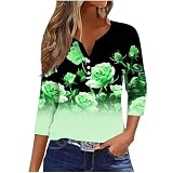 T-Shirt mit 3/4-Ärmeln für Damen, Oberteile mit Blumendruck, Button-Down-Blusen, lässig, Aufdruck, trendiges Hemd Yoga Shirt Damen Kurzarm (Green-J, XXXL)
