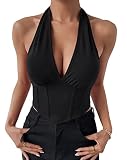 EVELIFE Damen Crop Tops Sexy Tiefer V-Ausschnitt Weste Nahtlos Ärmellos Korsett Tops Damen Tank Tops (Schwarz,L)