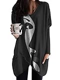 Minetom Langarmshirt Damen V-Ausschnitt Druck Lose Langarm Oberteile Oversize Lang Sweatshirt Tops Asymmetrisch Saum Jumper Pullover Mit Taschen A Schwarz 5XL