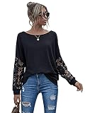 DIDK Damen Pullover mit Spitzenarm Casual Oberteile Langarmshirt Sweatshirt Pulli Spitzentops Shirts Basic Schwarz M