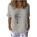Damen Tops Casual Kurzarm Löwenzahn Bedrucktes T-Shirt V-Ausschnitt Baumwolle Leinen Lose Tunika Bluse (XXXL,Z4 Grau)