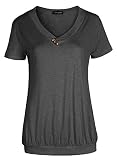 FLEASEE Damen T-Shirt Lässig Kurzarm Basic Tee V-Ausschnitt Shirts Stretch Falten Tunika mit Knöpfen Allover Minimal Druck Sommer Oberteile Tops, Dunkelgrau, XL