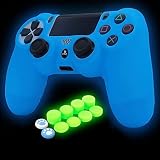 HLRAO Blauer PS4-Controller-Skin-Silikongriff, im Dunkeln leuchtende Schutzhülle für PS4/Slim/Pro 4-Controller mit 8 im Dunkeln leuchtenden Daumengriffkappen + 2 süßen Katzenpfoten-Daumengriffkapp