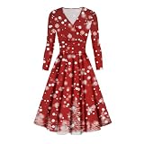 Weihnachtskleid Damen Lustig Kleid Weihnachten Langarm Knielang V Ausschnitt Festliche Kleid Frauen A Linie Weihnachts Kleider mit Weihnachtsmotiv Lustige Weihnachtskleider mit M