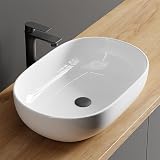 Planetmöbel Aquil Deluxe Waschbecken Oval | Aufsatzwaschbecken für Badezimmer und Gäste-WC | Handwaschbecken ohne Hahnloch und Überlauf | weiß, 60 x 40 x15